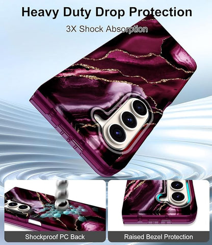 Btscase for Samsung Galaxy Z Fold 5 Case,Built in Front Screen Protector,Gold Glitter Marble Pattern Hard PC Slim Shockproof Full Body Drop Protective Case for Galaxy Z Fold 5 5G, Wine Red