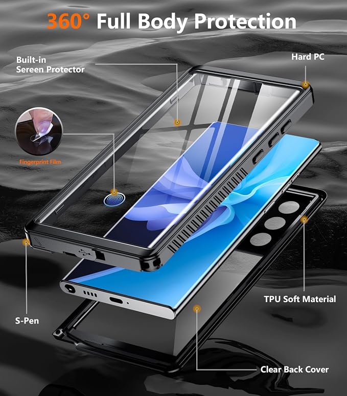 Temdan Designed for Samsung Galaxy S22 Ultra Case,Waterproof Built-in Lens & Screen Protector [Full Body Shockproof][Military Drop Proof][IP68 Underwater] Phone Case for S22 Ultra 5G-Black (2022)