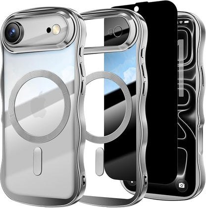 Misscase for iPhone Air Case with Privacy Screen Protector,Compatible with MagSafe,Cute Wave Frame Anti-Scratch Case with Camera Lens Protector Plating Bling Case for iPhone 17 Air Silver