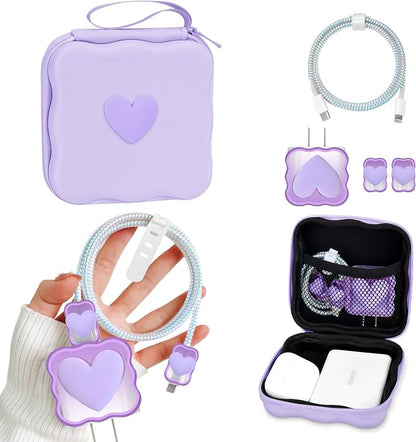 CameCosy Phone Charger Storage Case Cover Sets with Cable Protector for iPhone Charger, Wave Travel Storage Bag, Earphone Wire Saver Cable Organizer Soft Cute DIY Cable Protector (Purple Love Heart)