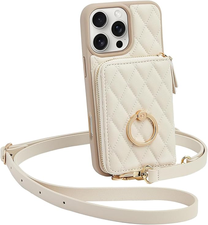 ZVE for iPhone 16 Pro Case Wallet for Women, Crossbody Case with Wrist Strap Protective Leather Lanyard Case with Ring Holder Flip Cover 6.3 Inch-Beige