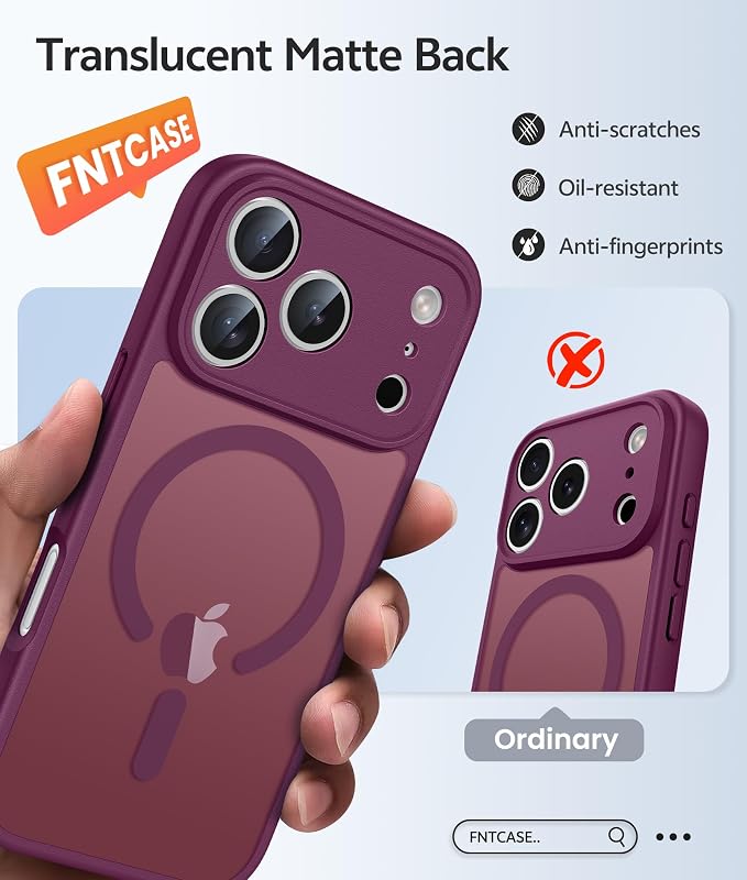 FNTCASE for iPhone 17 Pro Max Case, Fit for Magsafe, Screen Protector | Full Camera Protection, Translucent Matte, 14FT Military Grade Drop Proof, Shockproof Protective Phone Cover, Wine Red