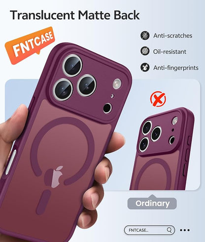 FNTCASE for iPhone 17 Pro Max Case, Fit for Magsafe, Screen Protector | Full Camera Protection, Translucent Matte, 14FT Military Grade Drop Proof, Shockproof Protective Phone Cover, Wine Red