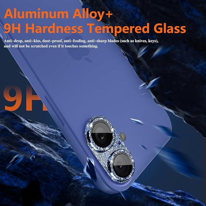 Camera Lens Protector for iPhone 16/iPhone 16 Plus, Bling Glitter Camera Cover with 9H Tempered Glass Metal Ring, Anti-Scratch Lens Protector for iPhone 16/iPhone 16 Plus (Glitter - Blue)