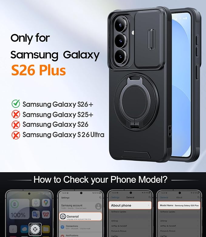 JAME for Samsung Galaxy S26+ Plus Case, Ring Holder Stand Kickstand, Slide Camera Cover with Screen Protector, Dual-Layer Shockproof Protective, Magnetic Accessory Friendly S26 Plus Phone Case, Black