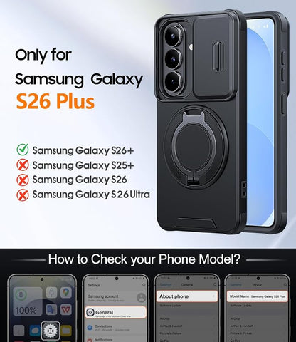 JAME for Samsung Galaxy S26+ Plus Case, Ring Holder Stand Kickstand, Slide Camera Cover with Screen Protector, Dual-Layer Shockproof Protective, Magnetic Accessory Friendly S26 Plus Phone Case, Black