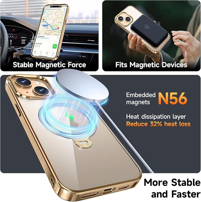 [Tri-Shield Protection] for iPhone 15 Case with 360° Spin Stand Compatible with MagSafe [Magnetic CD Ring] [Screen & Camera Lens Protector] Shockproof Plating Never-Yellowing, Gold-6.1"