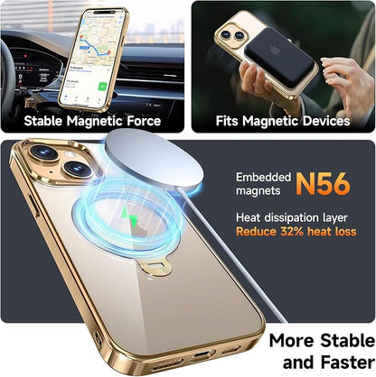 [Tri-Shield Protection] for iPhone 15 Case with 360° Spin Stand Compatible with MagSafe [Magnetic CD Ring] [Screen & Camera Lens Protector] Shockproof Plating Never-Yellowing, Gold-6.1"