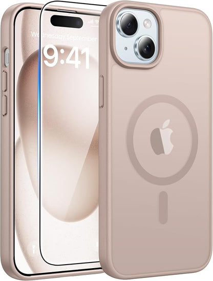 FNTCASE for iPhone 15 Case: for iPhone 14 Case & iPhone 13 Case [Compatible with Magsafe] Translucent Matte Cases with [Screen Protector] Military Grade Shockproof Protective Phone Cover - Desert Gold