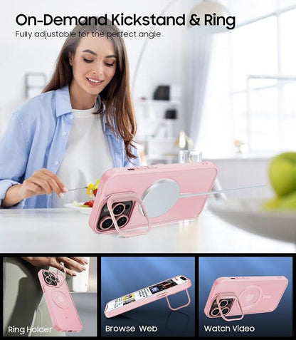 for iPhone 14 Pro Max Case, Compatible with MagSafe, Built-in Camera Ring Stand, with Individual Camera Cover, Translucent Matte Military-Grade Drop Protection Magnetic Case, Pink
