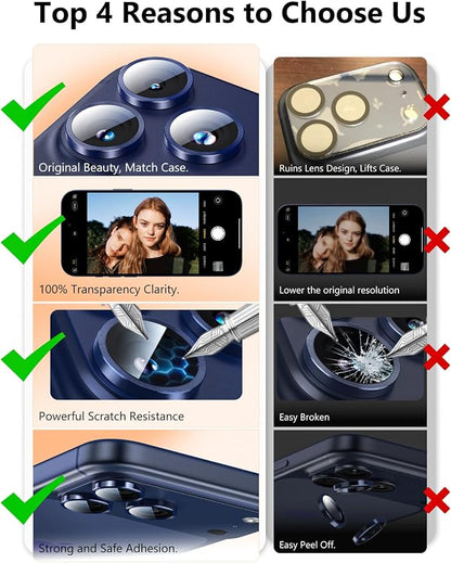 EZ-GLAZ-Camera Lens Protector for iPhone 17/16/15/14 Pro & Pro Max Series, with Aerospace-Grade Aluminum Alloy Ring, 1:1 Invisible Fit & Ultra-Clear, Military-Grade 9H+ Glass, Deep Blue