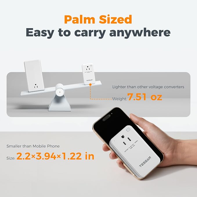 TESSAN Compact 220V to 110V Voltage Converter US to Europe | Universal Travel Adapter, 2 AC Outlets and 2 USB (1 USB-C), 200W Small Power Converter, EU/UK/AU/IT/India Plugs, For Travel