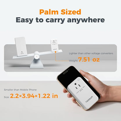 TESSAN Compact 220V to 110V Voltage Converter US to Europe | Universal Travel Adapter, 2 AC Outlets and 2 USB (1 USB-C), 200W Small Power Converter, EU/UK/AU/IT/India Plugs, For Travel