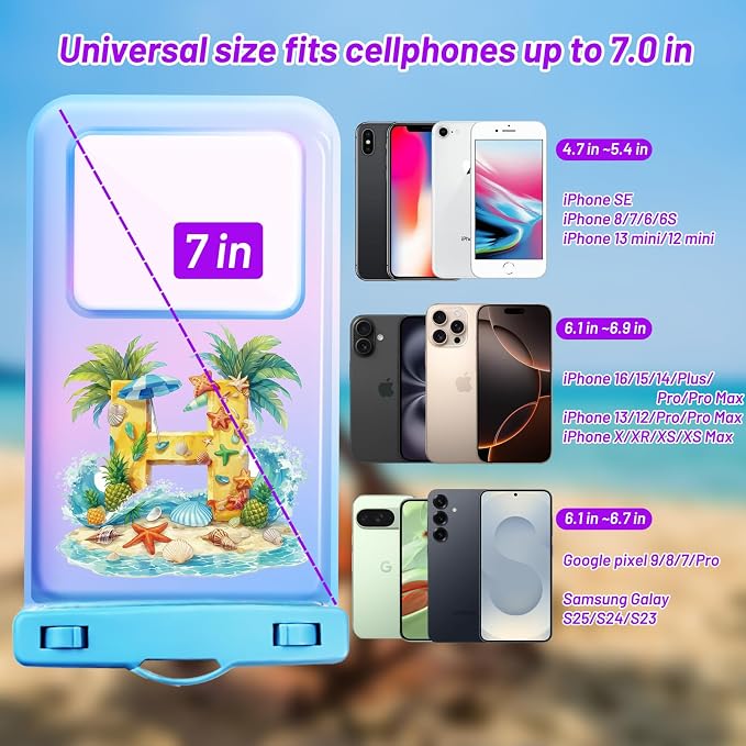 Personalized Initial Waterproof Phone Pouch Case - IPX8 Cellphone Dry Bag with Lanyard for iPhone 16/15/14/13/12 Pro Max (6.1–6.9"), Beach & Cruise Ship Essentials with Monogrammed Design (Blue, H)