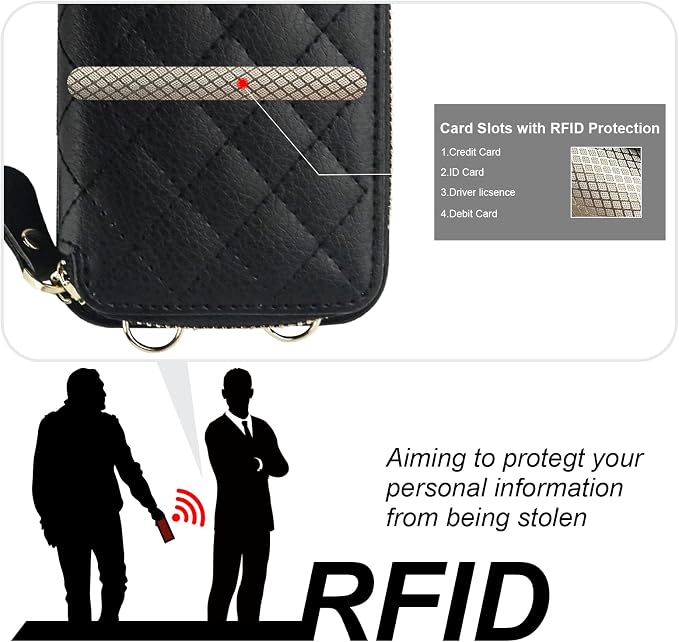 Bocasal Crossbody Wallet Case for iPhone 14 Plus, RFID Blocking PU Leather Zipper Handbag Purse Flip Cover, Kickstand Folio Case with Card Slots Holder Wrist Strap Lanyard 5G 6.7 Inch (Black)