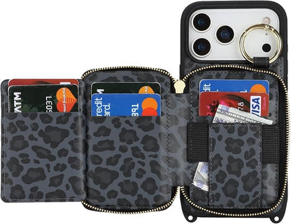 Crossbody Wallet Case for iPhone 17 Pro Max, PU Leather Zipper Handbag Purse Flip Cover, Kickstand Folio Case with Card Slots Holder Wrist Strap Lanyard 5G 6.9 Inch-Black Leopard