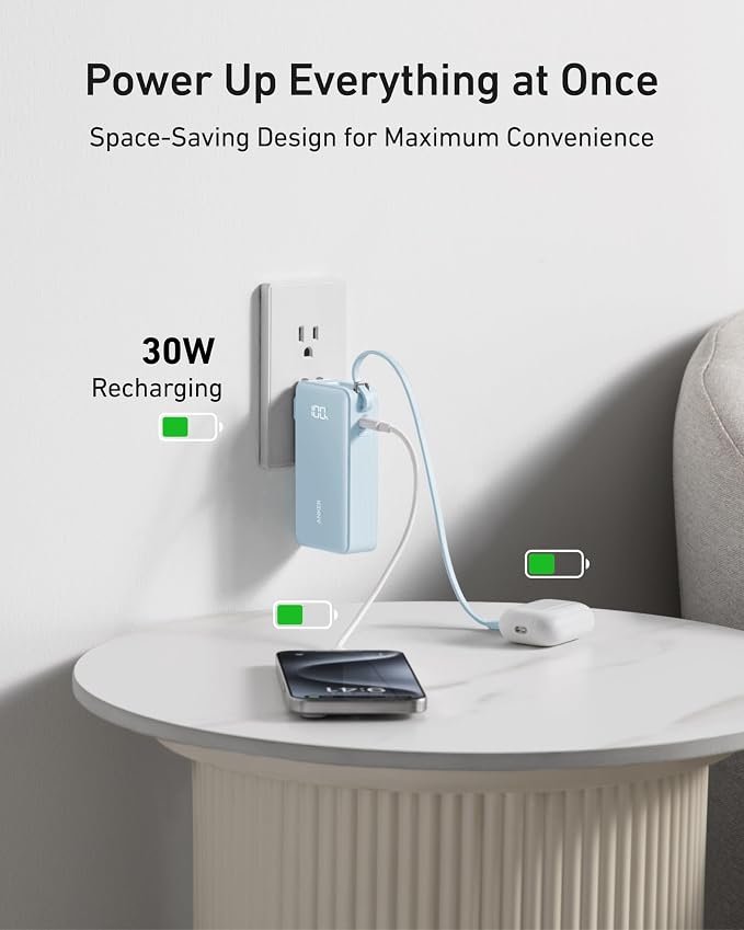 Anker Nano 3-in-1 Portable iPhone Charger, 10,000mAh Power Bank with Built-in USB-C Cable and Foldable Wall Plug, 30W Max Battery Pack, Travel Essentials for iPhone 17/16/15 Series, Galaxy, MacBook