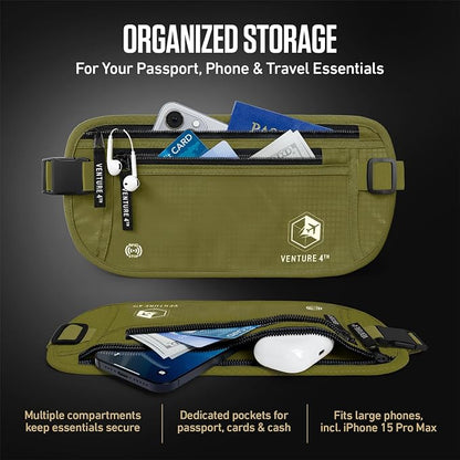 VENTURE 4TH Money Belt for Travel – Hidden Under-Clothes RFID Blocking Passport Holder & Slim Travel Wallet Pouch for Men & Women to Protect Cash, Cards & Documents (Green)