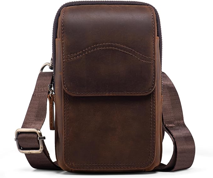 Hengwin Small Genuine Leather Cell Phone Crossbody Purse Shoulder Bag for Women and Men, Leather Phone Holster with Belt Clip Belt Loop Travel Passport Pouch Messenger Bag Waist Bag (Coffee)