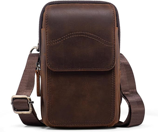 Hengwin Small Genuine Leather Cell Phone Crossbody Purse Shoulder Bag for Women and Men, Leather Phone Holster with Belt Clip Belt Loop Travel Passport Pouch Messenger Bag Waist Bag (Coffee)