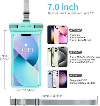 wellhouse Waterproof Phone Pouch, Waterproof Phone Case for iPhone 17 16 15 14 13 Pro Max XS Samsung, IPX8 3D Cellphone Dry Bag Beach Essentials (1 Pack - Crystal Green7.0, 7 inch)