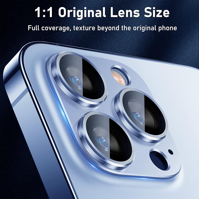 UniqueMe for iPhone 13 Pro/iPhone 13 Pro Max Camera Lens Protector, [Strong Drop Protection] [Not Easy to Fall-off] Metal Ring Tempered Glass Rear Camera Screen Cover - Sierra Blue