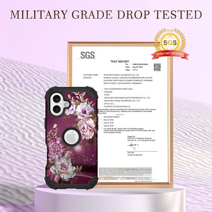 Hocase for iPhone 16 Case 6.1", Heavy Duty Shockproof Protection Soft Silicone Rubber+Hard Plastic Bumpers Hybrid Protective Case for iPhone 16 2024 - Royal Purple Flowers