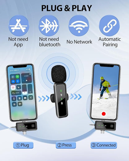 3 in 1 Wireless Lavalier Microphone for iPhone, Mini Lapel Mic with Mute/Reverb/Noise Reduction, for Android Phone, Camera, PC, Laptop, Video Recording, Streaming, Interview, Vlogs,100ft Range