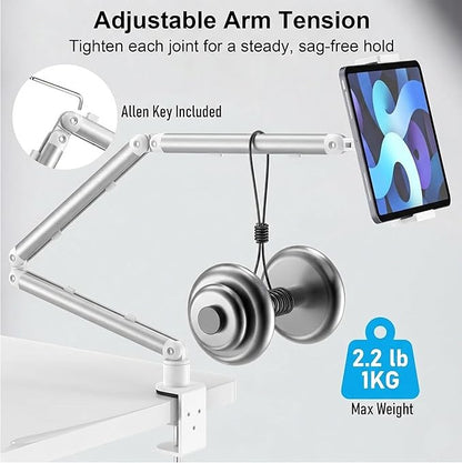 iPad Holder for Desk, Adjustable Tablet Arm iPad Desk Mount with C-Clamp, 30" Foldable Long Arm & 360° Rotation, Fits 4.7"–15.6" iPad Pro/Air/Mini, Phones & 15.6" Portable Monitors for Desk Use, White