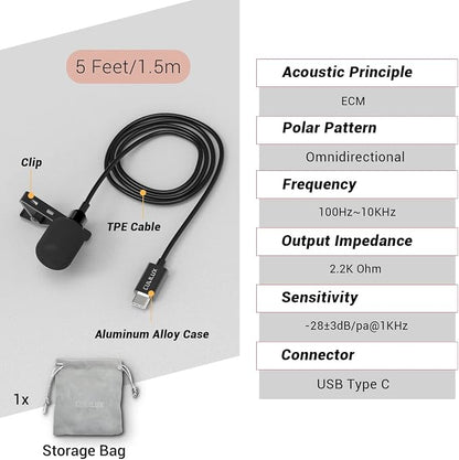 Cubilux USB C Microphone, Type C Lavalier MIC, External Lapel Clip MIC for iPhone 16/15 Pro Max, iPad Pro 13/12.9/11, iPad Air 13/5th/4th, Samsung S25/S24/S23/S22 Z Fold/Flip 6/5/4 Tab S10/S9/S8, 5 FT