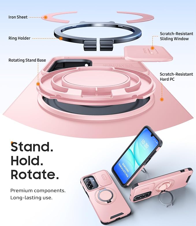 JAME for Samsung Galaxy A17/A16 5G Case, Ring Holder Stand, Slide Camera Cover, 2 Pack Screen Protectors, Dual-Layer Shockproof Protective, Magnetic Accessory Friendly Galaxy A16/A17 4G Case, Pink