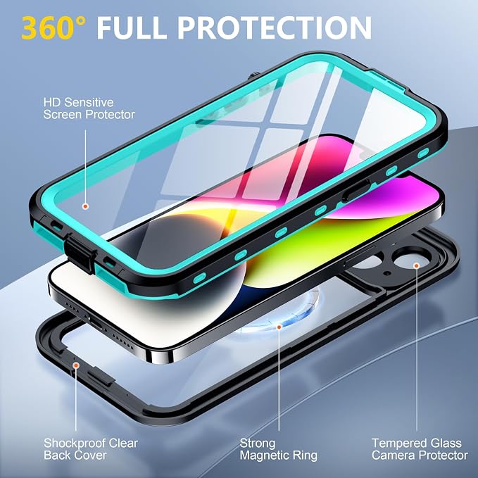 Red2Fire for iPhone 14 Case Waterproof, [Built-in Screen Protector & Camera Protector][Compatible with MagSafe][Full Body Shockproof][IP68 Waterproof][Dustproof] Phone Case 6.1" Blue/Clear