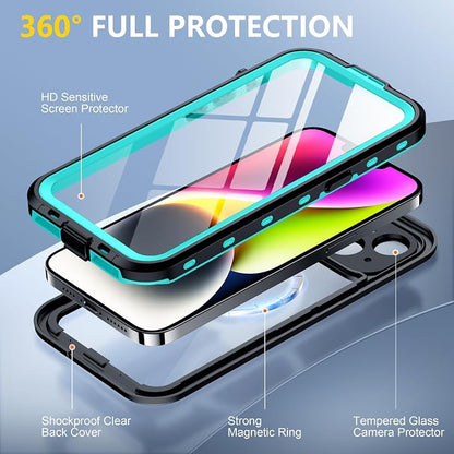 Red2Fire for iPhone 14 Case Waterproof, [Built-in Screen Protector & Camera Protector][Compatible with MagSafe][Full Body Shockproof][IP68 Waterproof][Dustproof] Phone Case 6.1" Blue/Clear