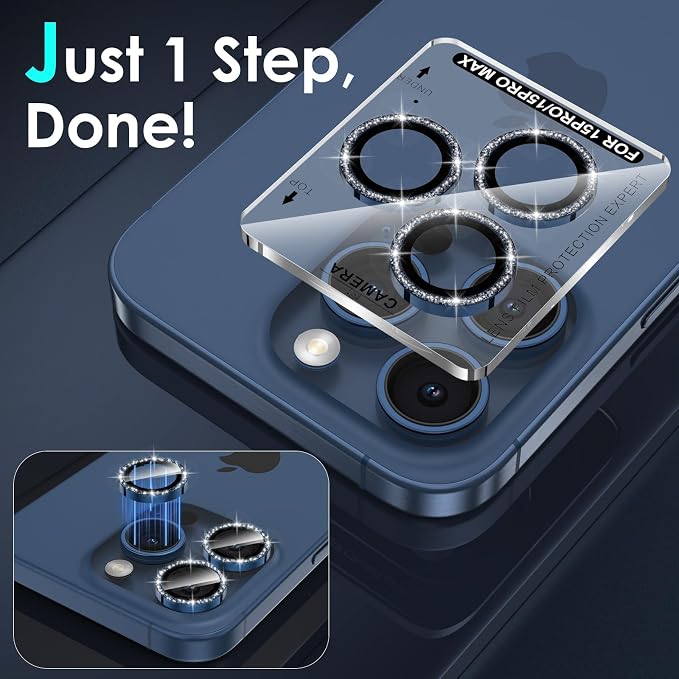 YWXTW Designed for iPhone 15 Pro/iPhone 15 Pro Max Camera Lens Protector Bling, [New Glitter Design] Individual Metal Tempered Glass Camera Cover Accessories Case Friendly (Blue Titanium Glitter)