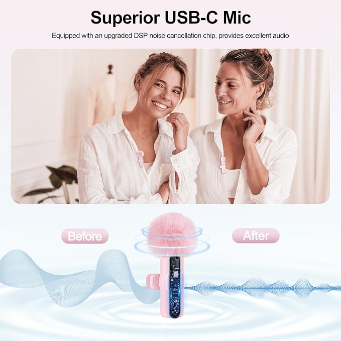 PoP voice Pink Wireless Lavalier Microphone for iPhone/Android - Mini Clip-On Mic with Noise Cancellation, 65ft Range, 12H Battery, Lapel Mic for Record Video, Podcast Vlog Content Creator Interview