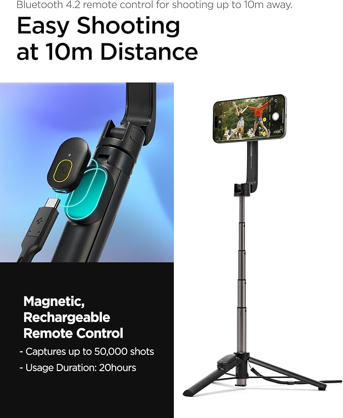 Spigen Selfie Stick Tripod Stand with Bluetooth Remote Control Shutter 24" Extendable Compatible with MagSafe iPhone 17/16/15/14/13/12 Pixelsnap Pixel 10 Series & More - Black (S571W)