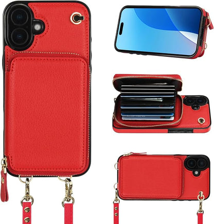 Bocasal Crossbody Wallet Case for iPhone 16 Plus, RFID Blocking Leather Purse Case with Card Holder, Protective Handbag Flip Cover with Zipper Wrist Strap Lanyard for Women 5G 6.7 Inch (Red)