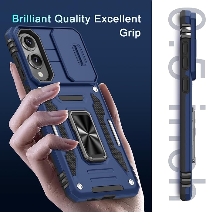 DEERLAMN Case for Samsung Galaxy S25 Edge with Slide Camera Cover+Screen Protector (1 Pack), Rotated Ring Kickstand Military Grade Shockproof Protective Cover-Navy Blue