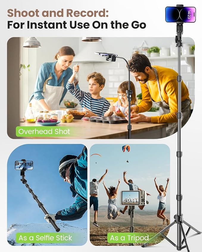 CAMBOFOTO 82" Phone Tripod Stand with Gooseneck, Remote and Phone Holder, Selfie Stick & Overhead Tripod for Recording/Cooking/Fitness/Vlog, Compatible with iPhone Android Samsung, Camera