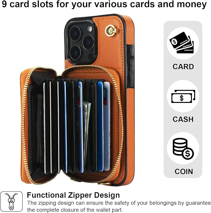 Bocasal Crossbody Wallet Case for iPhone 16 Pro Max, RFID Blocking Leather Purse Case with Card Holder, Protective Handbag Flip Cover with Zipper Wrist Strap Lanyard for Women 5G 6.9 Inch (Brown)