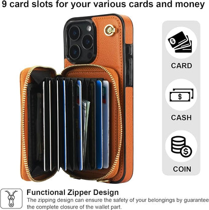 Bocasal Crossbody Wallet Case for iPhone 16 Pro Max, RFID Blocking Leather Purse Case with Card Holder, Protective Handbag Flip Cover with Zipper Wrist Strap Lanyard for Women 5G 6.9 Inch (Brown)