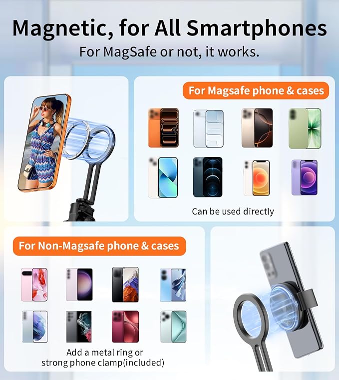 69" Magnetic Phone Tripod with Phone Clamp,Selfie Stick Monopod for Magsafe with Remote & Phone Mount Adapter,Portable Tripod for iPhone/Android,Portable Camera,Photo,Vlogging,Live Streaming,Travel