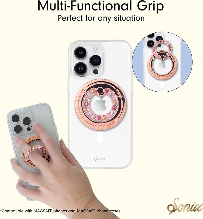 Sonix Magnetic Phone Grip and Phone Ring Holder - Compatible with MagSafe - Rotatable Kickstand and Phone Holder for iPhone 16, 15, 14, 13, 12 Series - Rose Gold/Multi Rhinestone