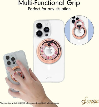 Sonix Magnetic Phone Grip and Phone Ring Holder - Compatible with MagSafe - Rotatable Kickstand and Phone Holder for iPhone 16, 15, 14, 13, 12 Series - Rose Gold/Multi Rhinestone
