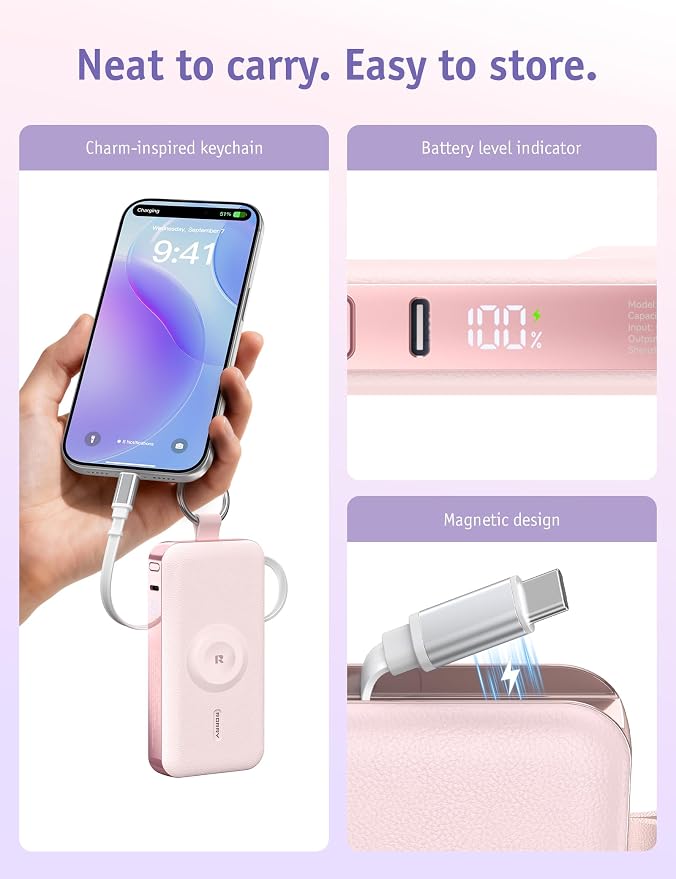 RORRY CharmGo Portable Charger 3 in 1 30W Fast Charging Power Bank 12000mAh | Built-in Retractable Cable, Keychain Design, for iPhone/iWatch/iPad/Airpods,2 USB-C Cables,Purple