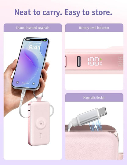 RORRY CharmGo Portable Charger 3 in 1 30W Fast Charging Power Bank 12000mAh | Built-in Retractable Cable, Keychain Design, for iPhone/iWatch/iPad/Airpods,2 USB-C Cables,Purple