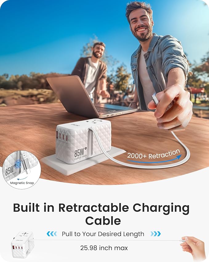 LENCENT 85W Universal Travel Power Adapter with Retractable USB C Cable | GaN International Travel Adapter with 1 USB-A & 3 Type C Fast Charging, Worldwide Plug Adaptor for US to EU UK Type C/G/A/I