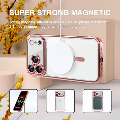 Misea Magnetic for iPhone 17 Pro Case Compatible with MagSafe [Never Yellowing] [Military Grade Drop Protection] Full Camera Lens Protector Plating Soft Clear Phone Case for Women, Pink