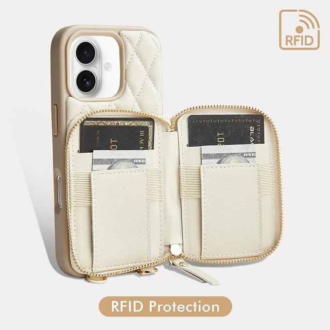 LAMEEKU for iPhone 17 Case Wallet with Card Holder, Wrist Strap Crossbody Phone Cover for Women 6.3" Beige