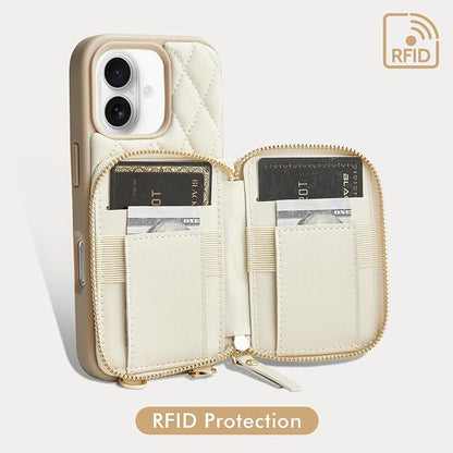 LAMEEKU for iPhone 17 Case Wallet with Card Holder, Wrist Strap Crossbody Phone Cover for Women 6.3" Beige